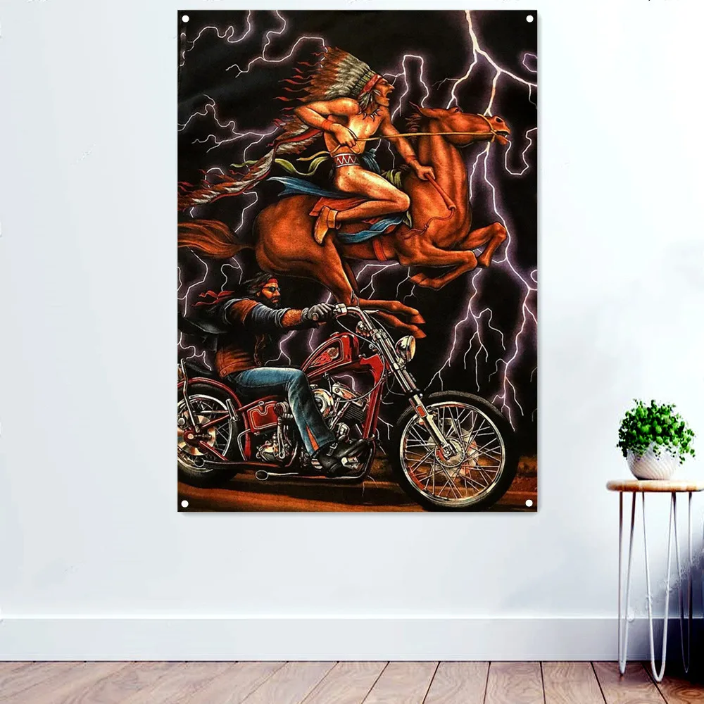 

Motorcycle Rider and Indians Banner Wall Hanging Flag Locomotive Posters and Prints Tapestry Wall Decor Painting Gifts for Men