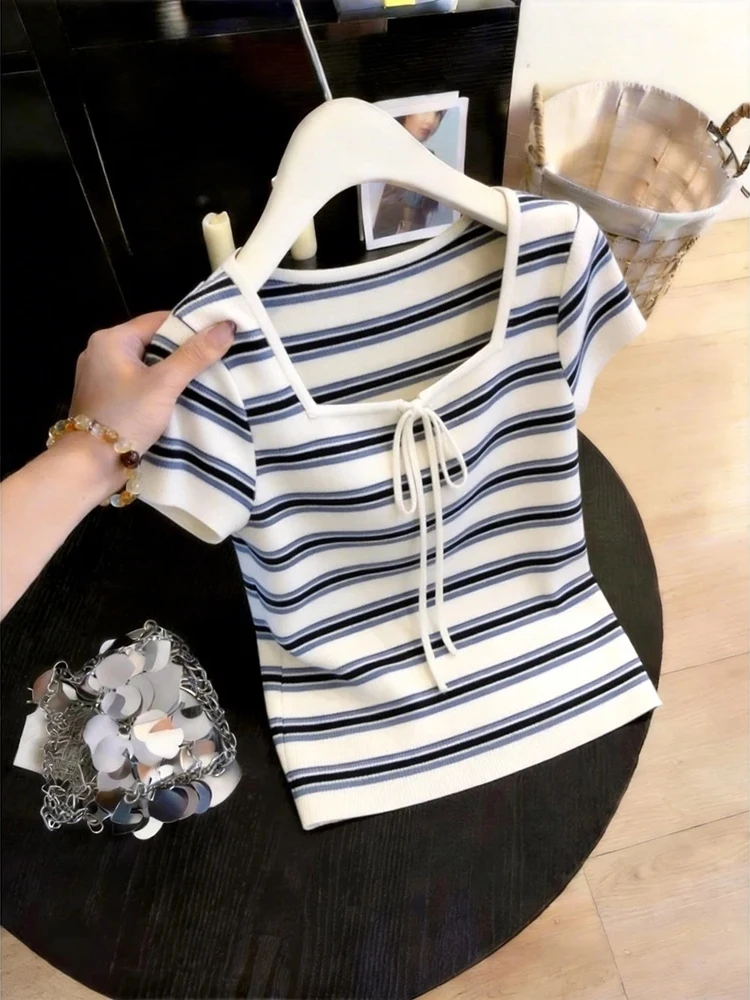 

Summer New Style Large Size Knitted Shirt Women's Square Collar Short Sleeve Belted Striped Top Breathable Korean Version