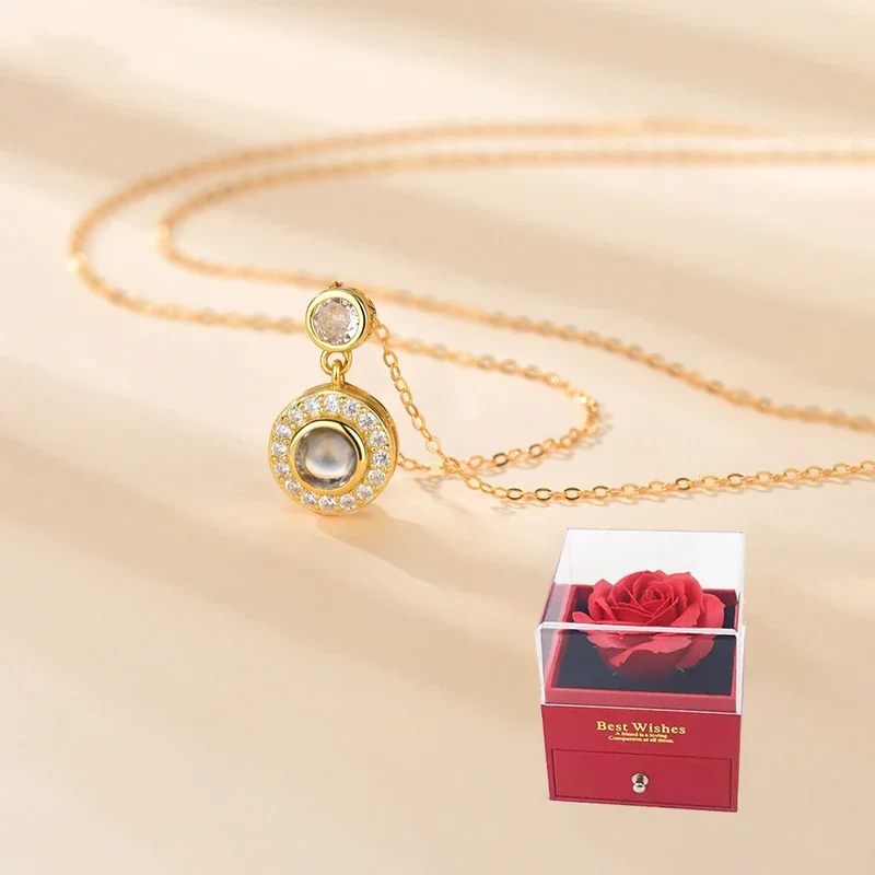 

Customized Color Photo Projection Round Necklace With Luxury Rose Flower Box For Girlfriend Festival Romantic Gifts