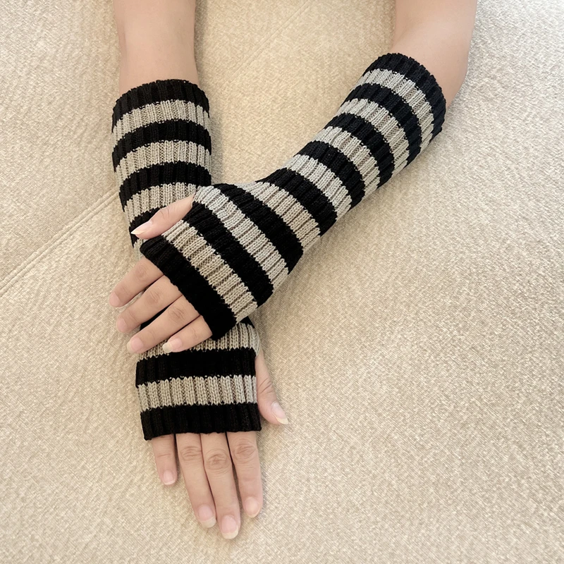 Winter knitted striped warm decorative arm sleeves Cute Long Fingerless gloves for Women Girl Cosplay