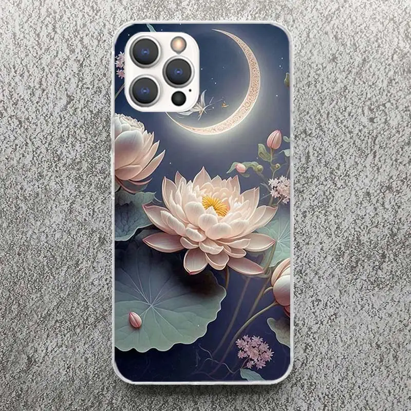 Lotus Blue White Flowers Phone Case For Apple iPhone 15 14 13 12 11 Pro Max Mini XS XR X 7 Plus 8 + SE Soft Silicone Print Shell