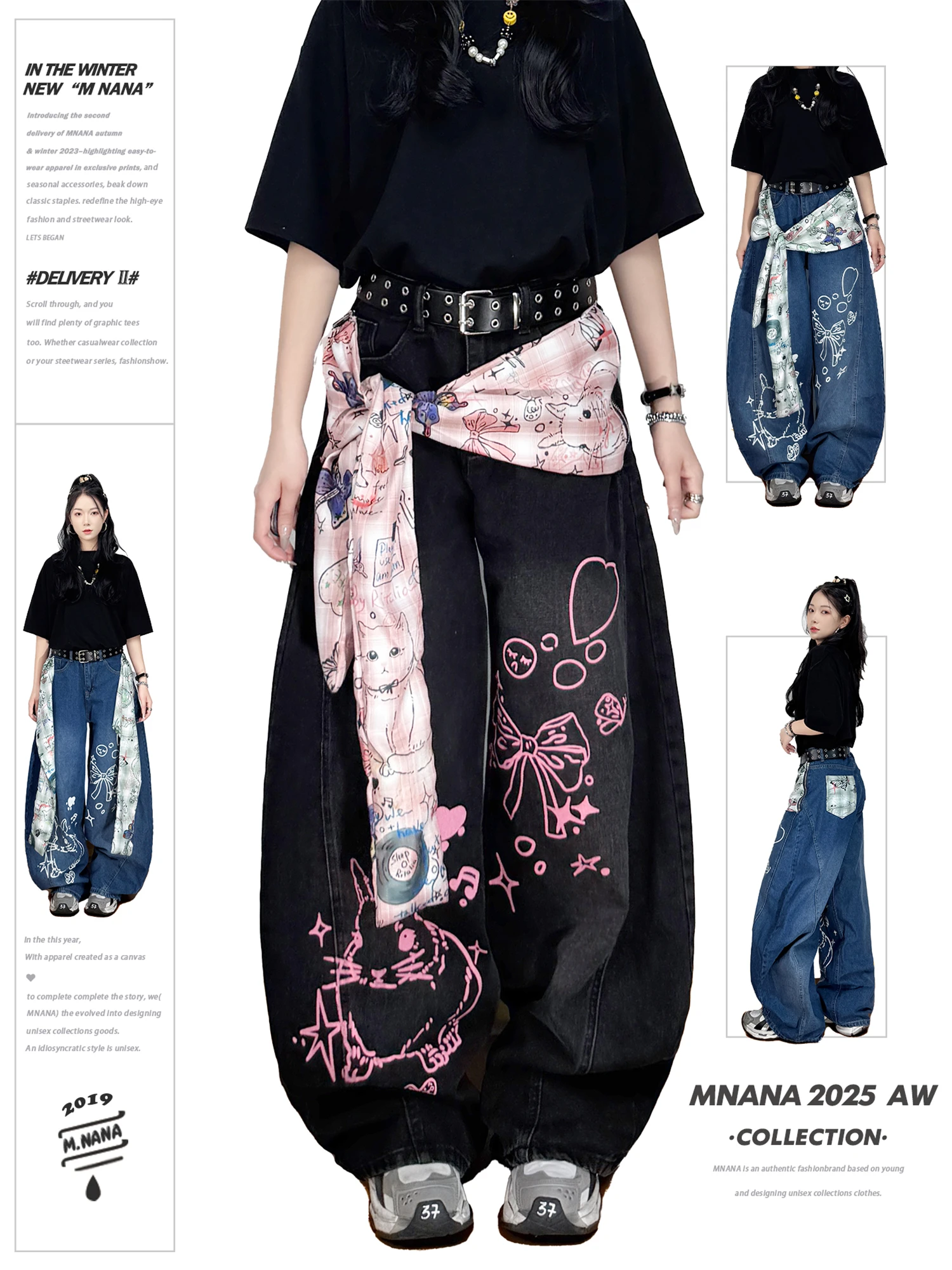 

Women's Y2K Streetwear Oversized Baggy Jeans Cartoon Graffiti Print Scarf Patchwork Wide Leg Denim Trousers Casual Fashion Pants