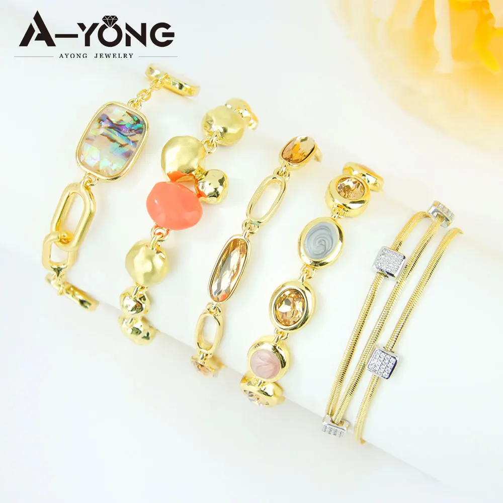Fashionable Colored Retro Crystal Gold Bracelet 14K Versatile Stained Glass Handmade Chains Italian Women Statement Jewelry-image