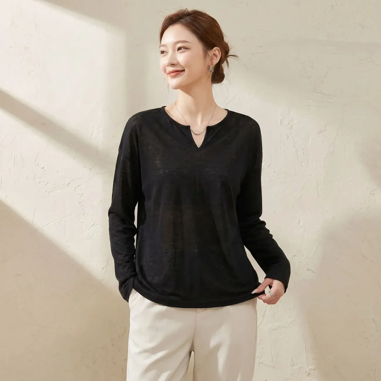 

Loose Fit Lyocell Slub Knit Long Sleeve Top Women V Neck Breathable Sun Protection Blouse For Spring Summer Daily Wear