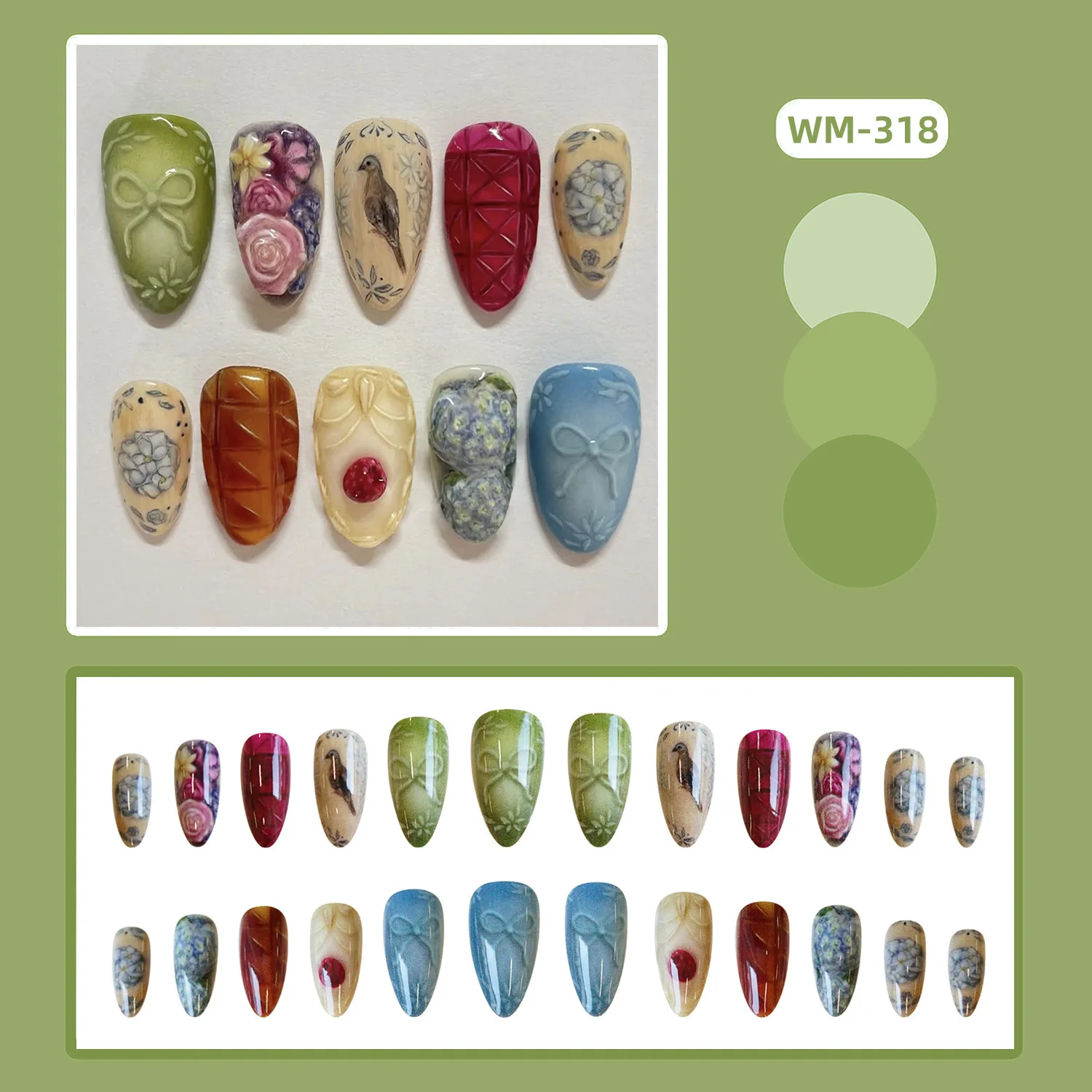 

24Pcs Bow Story Press on Nail Garden Birds Design Fake Nail Short Almond Full Coverage Nail Tips for Women&Girl False Nail Art