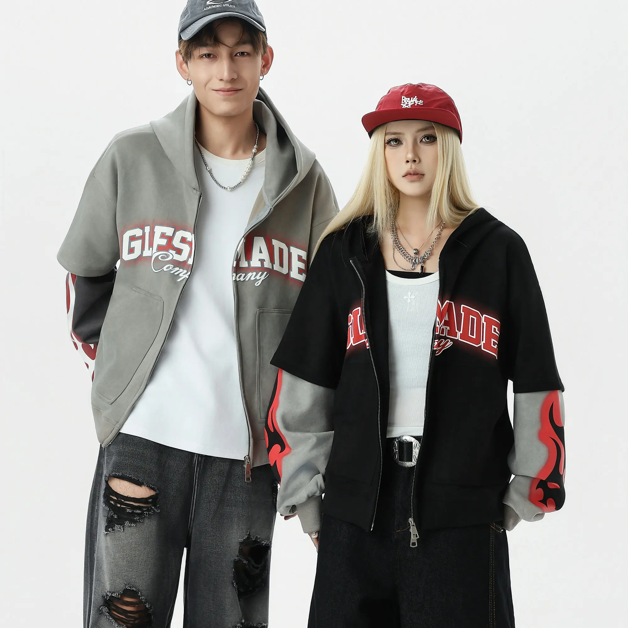 

25SS American trend winter men's and women's design large pocket fake two-piece zipper coat