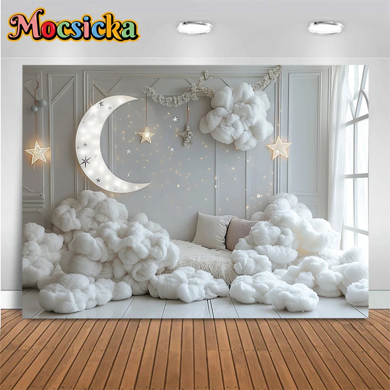 White Wall Backdrop For Photography Moon Stars Cotton Baby Shower Birthday Party Background Indoor Decoration Studio Photobooth