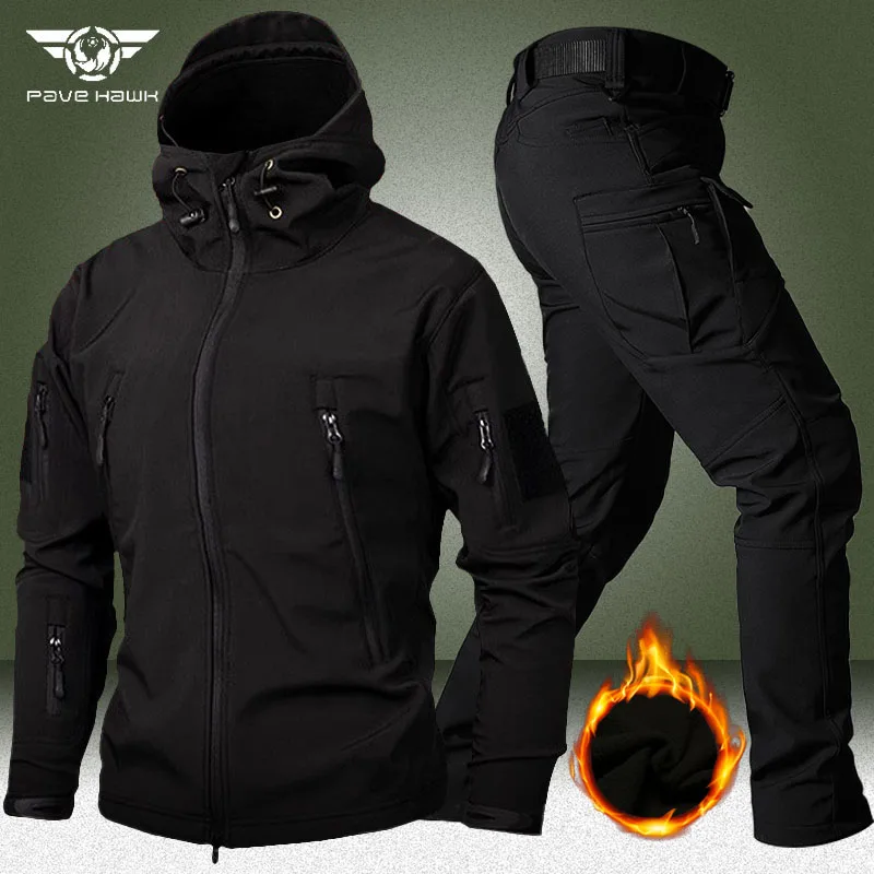 Winter Shark Skin Soft Shell Sets Men Military Fleece Warm Jackets+Multi-pocket Cargo Pants 2 Pcs Suits Waterproof Tactical Set