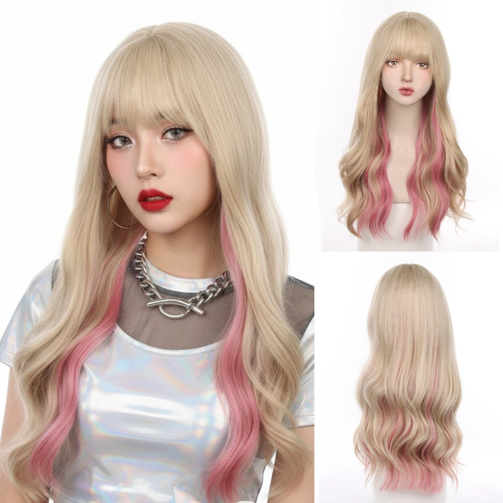 Wig Lolita Sintetis Tahan Panas Pirang Ombre Merah Muda Bergelombang Panjang dengan Poni untuk Wanita, Pesta Cosplay, Penggunaan Sehari-hari