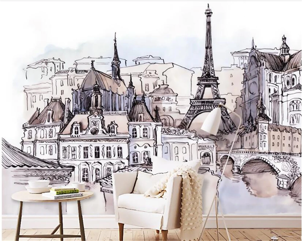 Productos personalizados 3D europeo pintado a mano torre de moda mural de acuarela torre de hierro dormitorio papel tapiz TV Fondo pared 3 D