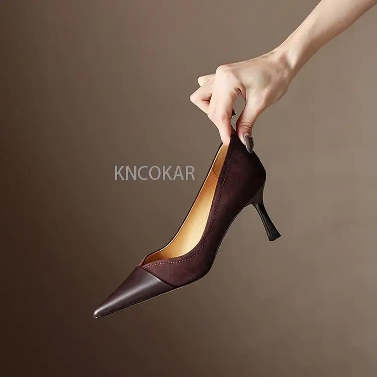 2023 New Stitching High Heels Women\'s Single Shoes Pointed Thin Temperament Hollowed Out Apricot Matching Shallow Mouth