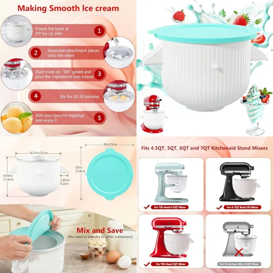 

Ice Cream Attachment for Kitchen aid Mixer and Silicone Bowl Covers, 2 Quart Frozen Yogurt - Ice Cream and Sorbet Gelato Maker