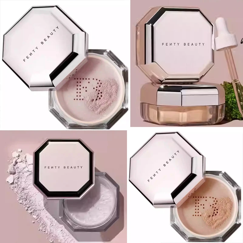 مجموعة مستحضرات التجميل من فينتي بيوتي، لون متدفق وغني، ملمع شفاه ريري الساخن، مسحوق خبز مدمج، عصي تحديد البودرة السائبة