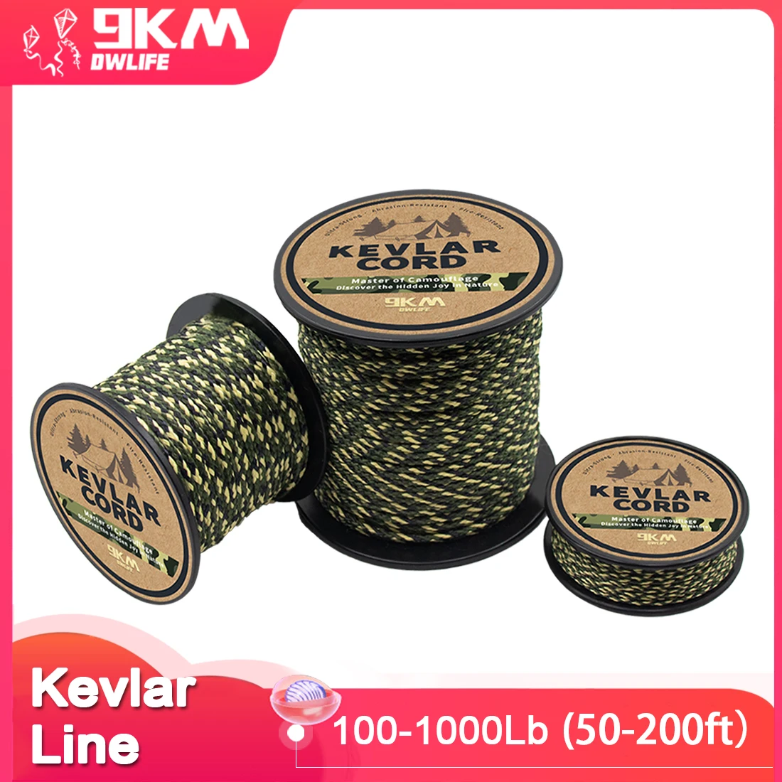 9KM 100-1000lb Kevlar Cord-Camo Kevlar Line Ultra-Strong, Lightweight & Abrasion-Proof Survival Rope for Camping, Tactical Gear