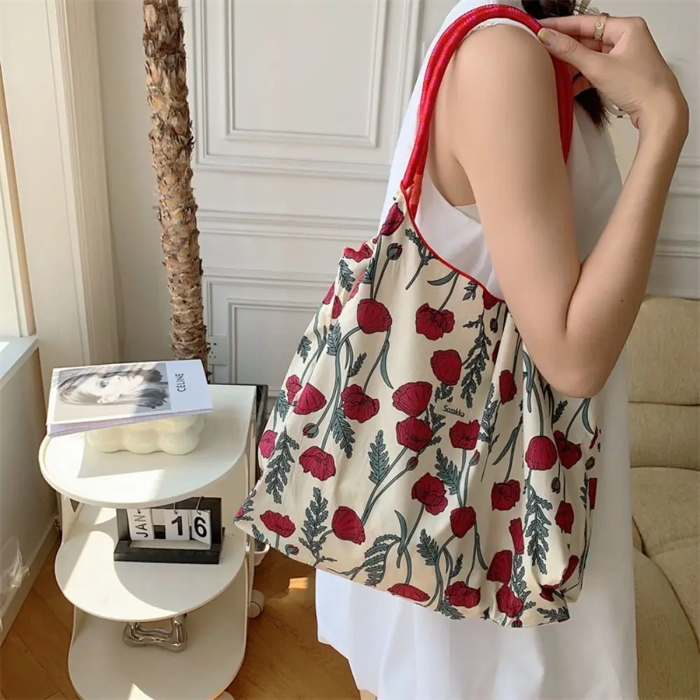 Floral Printed Canvas Shoulder Bag Portable Reusable Large Capacity Drawstring Shopping Bag Handheld Cotton Travel Tote Bag