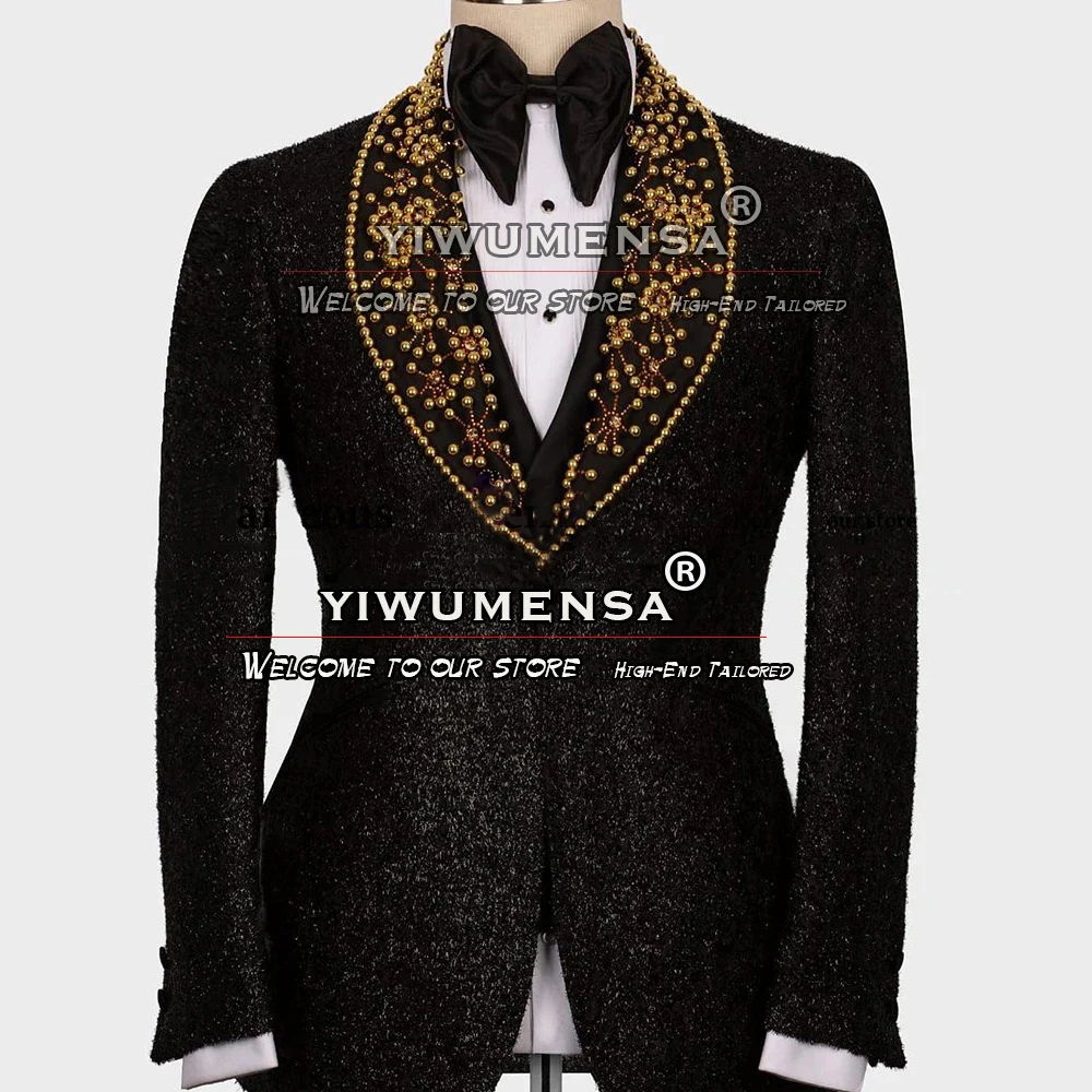 Elegant Suits For Men Wedding Sparkly Lurex Gold Beaded Lapel Blazer Formal Groom Wear Tuxedo Tailore Made 3 Pieces Prom Dress