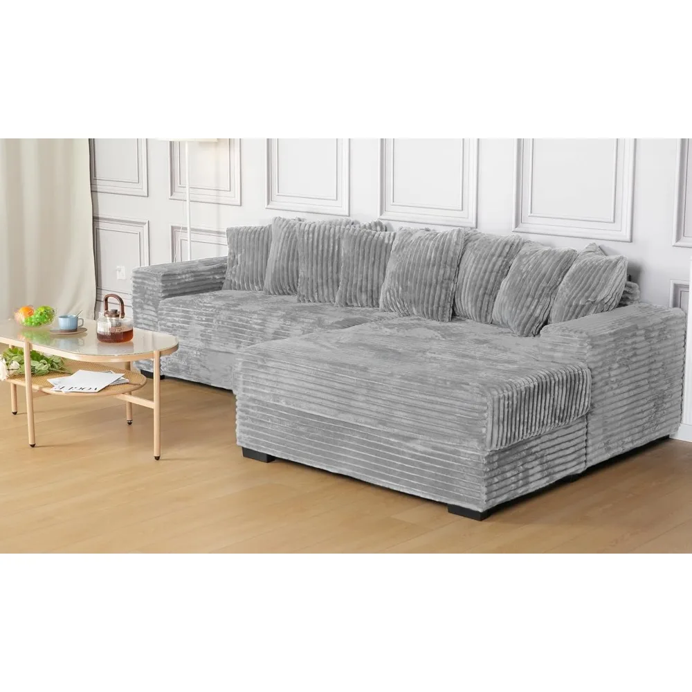 L Shaped Sofa with Chaise，Comfy Faux Fur Plush Two-Piece L Shaped Sectional Couches with 8 Pillows，Soft Fluffy Upholstered