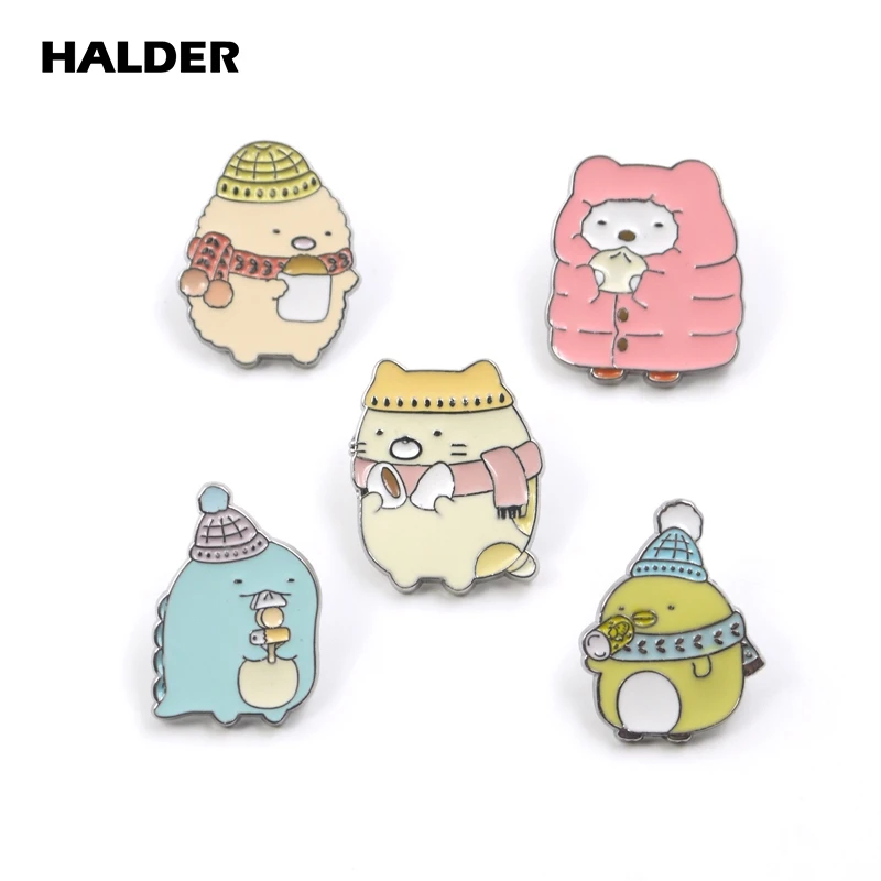 HALDER Cartoon Sumikko Gurashi Enamel Pins Corner Creature Badges White Bear Lizard Cat Pig Cucumber Brooch Gifts For Jewelry