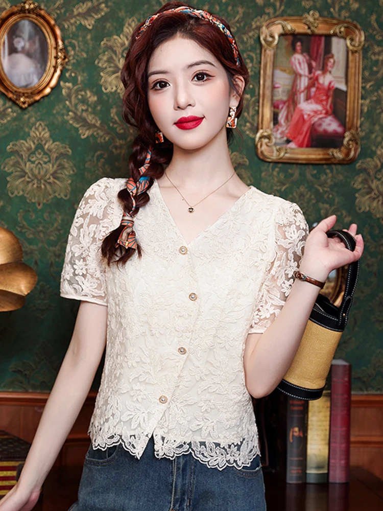 

Ele Lace ort Sve irt Single Button Embroidery Me Top Korean Sle Loose Fit Commute Wear Pure Color Summer New