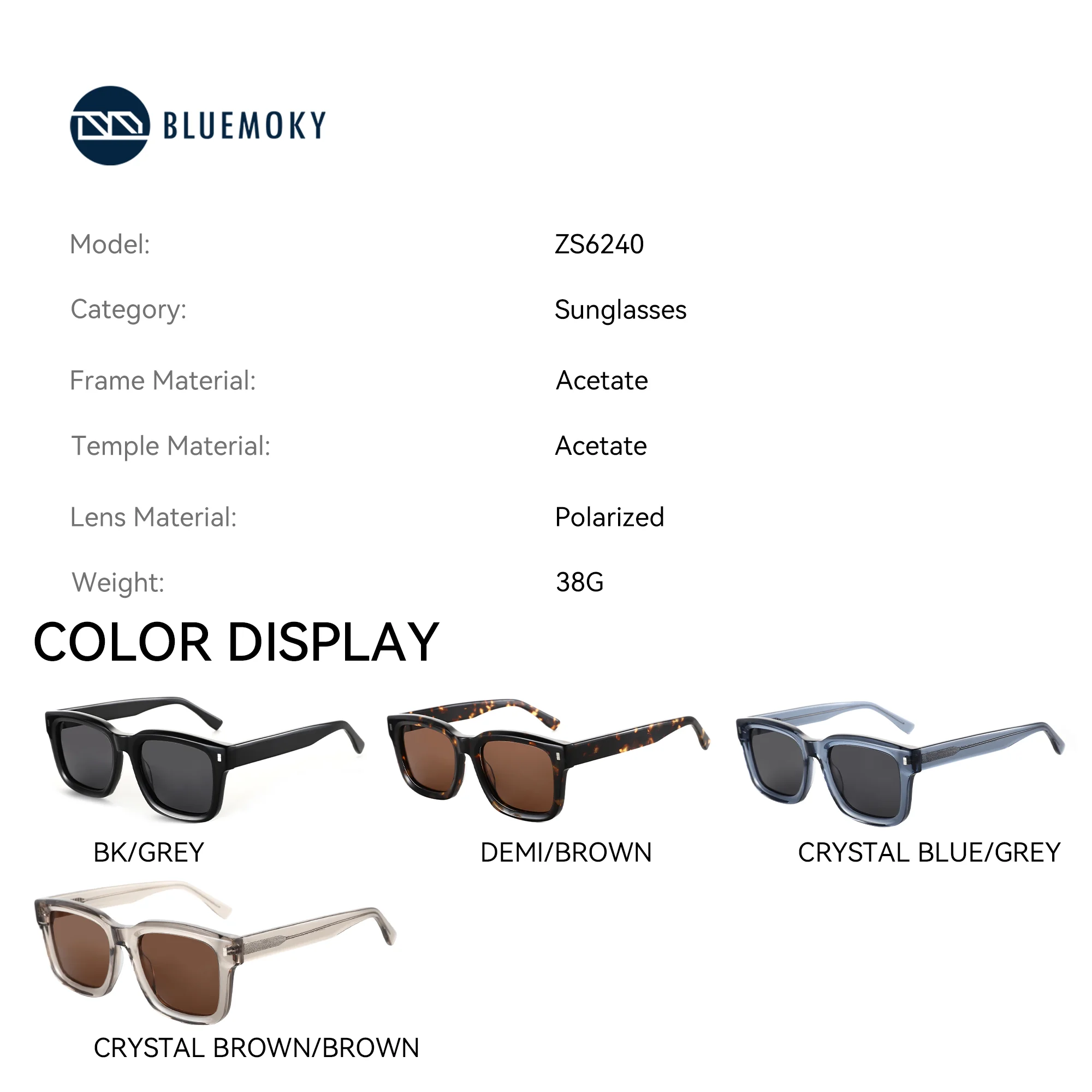 BLUEMOKY Handmade Acetate Square Prescription Sunglasses Custom, Men Full Frame UV400 Polarized, Correct Multifocal Myopia