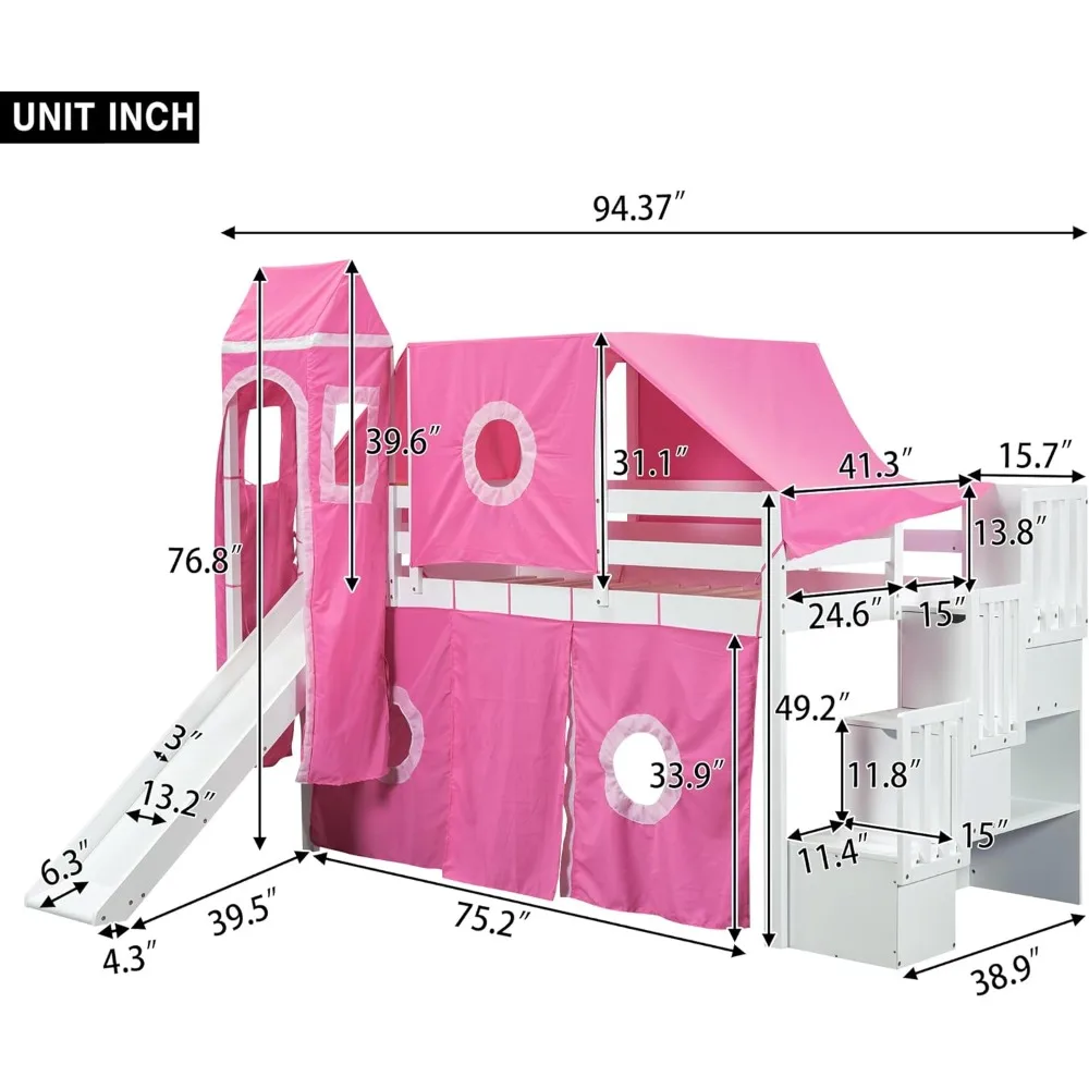 House Loft Bed with Slide and Storage Stairs, Wood Kids Loft Bed with Tent and Tower, Playhouse Loft Bed Frame (Twin Size, Pink)