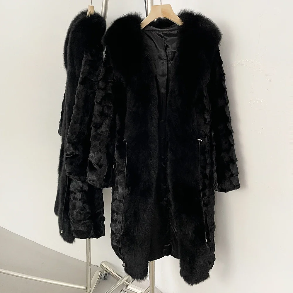 Novo outono inverno casaco quente real vison longo natural gola de raposa feminino mangas compridas preto outerwear feminino