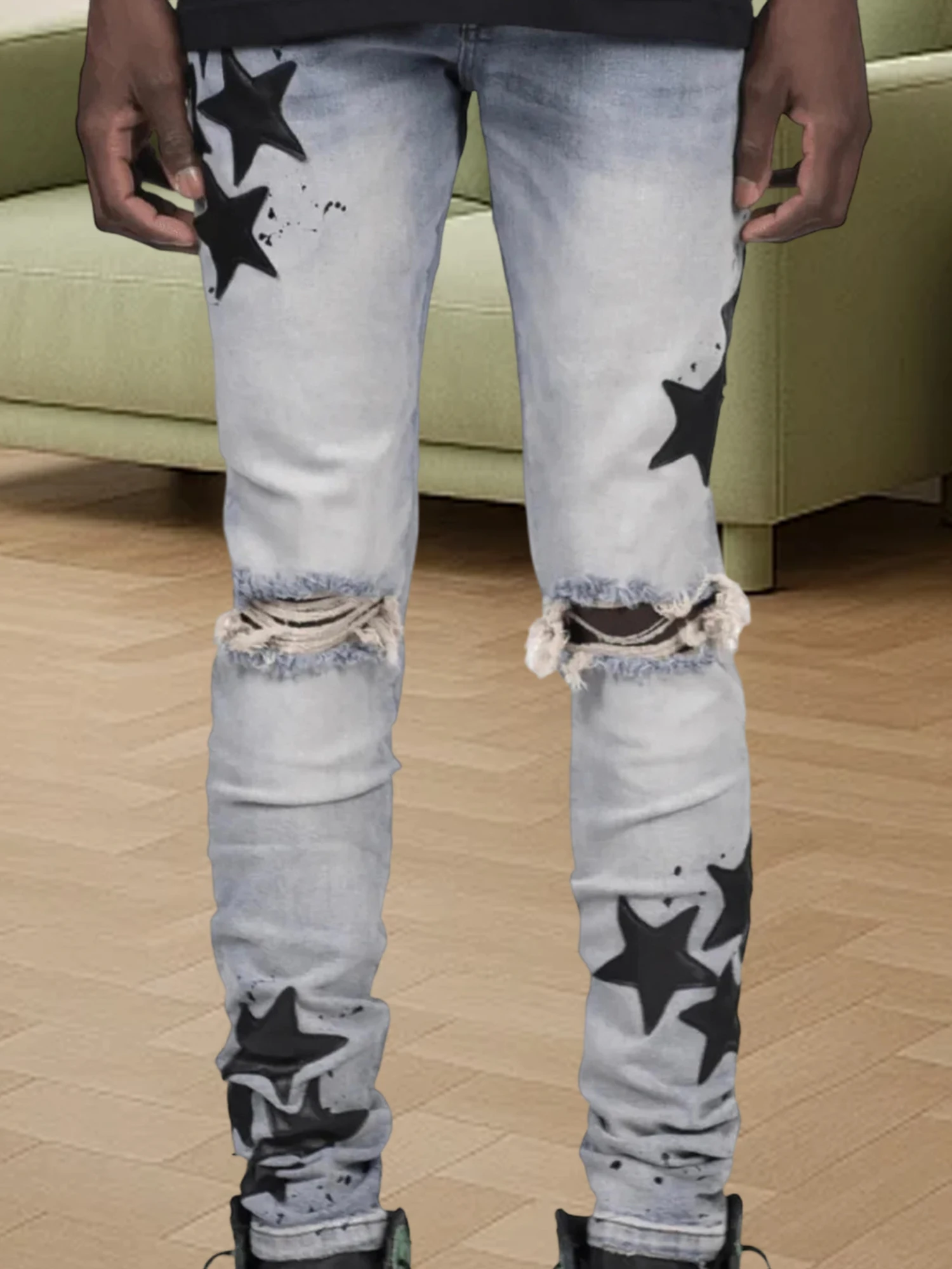 Men s Fashionable  Fit Skinny Jeans with Pockets and Trendy Star Patch Embroidery Distressed Casual Mid Rise Stretch Denim
