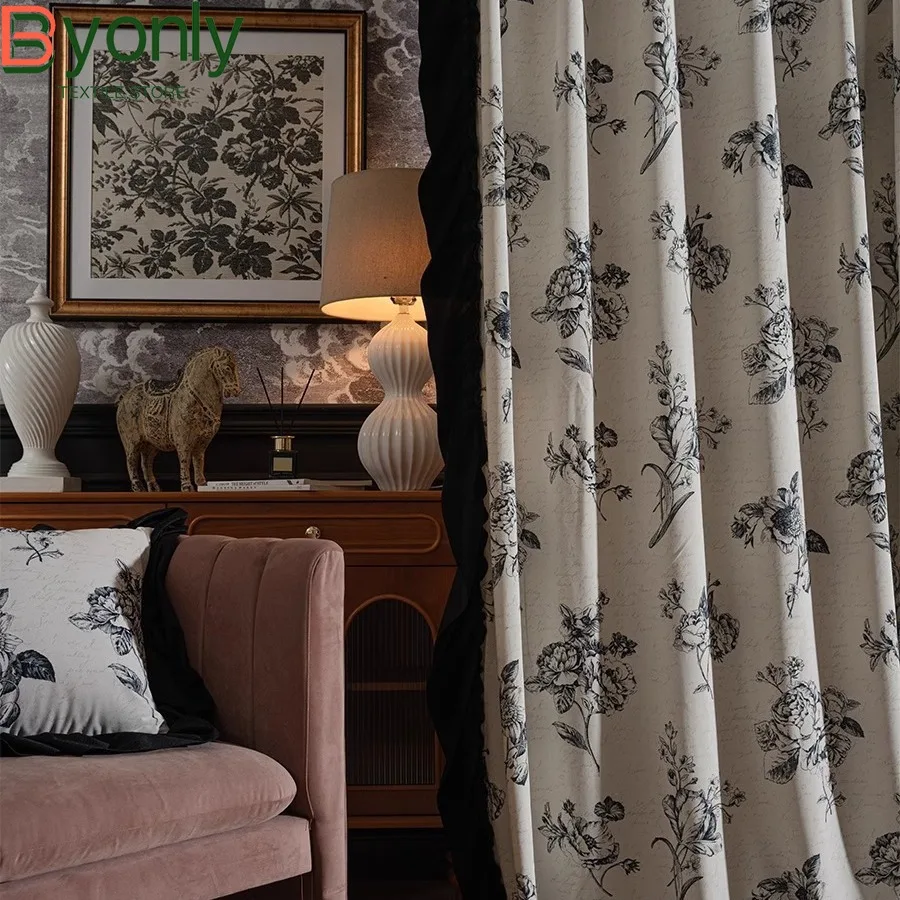 

French Rose Jacquard Black and White Matching Velvet Curtains for Living Room Bedroom Window Balcony French Window