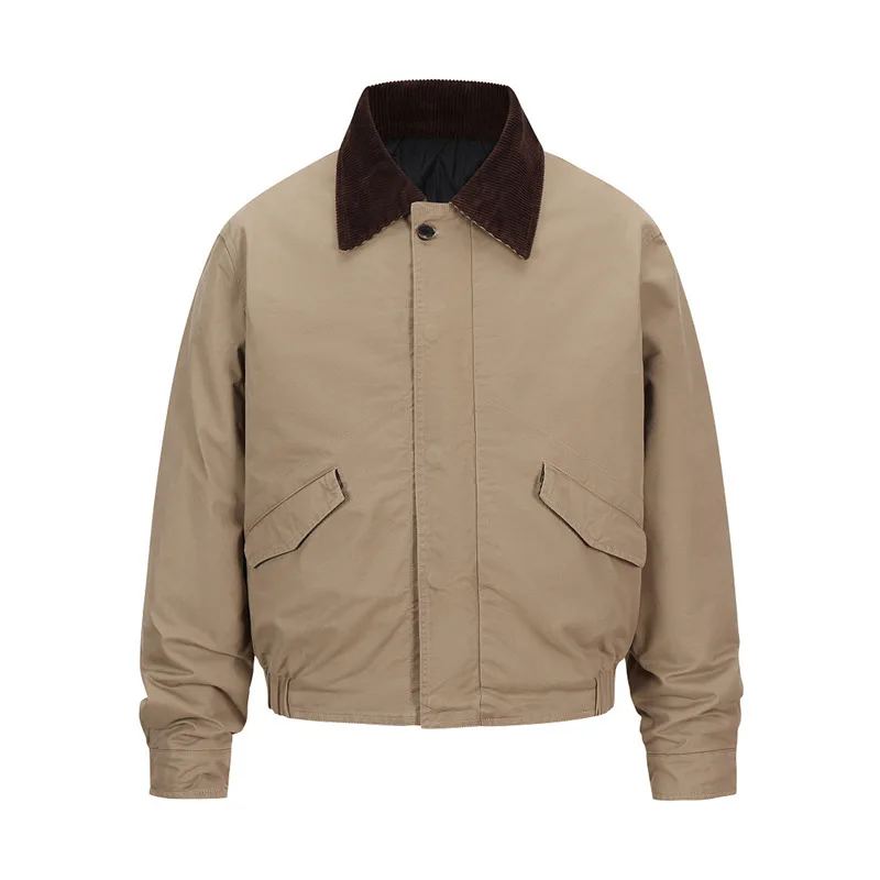 Men's European & American High-Street Trendy Vintage Leather-Collar Multi-Pocket Thickened Quilted Washed Zip-Up Jacket Coat