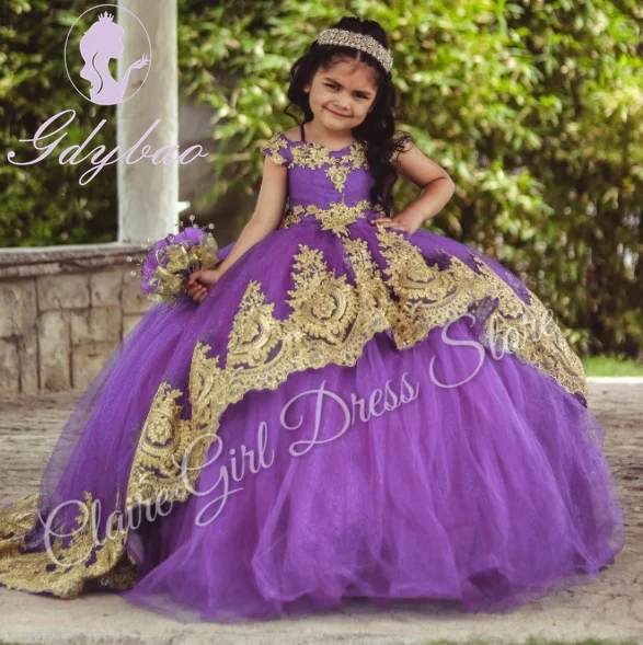 Customized Red Flower Girl Dresses For Wedding Gold Appliques Sleeveless Floor Length Kids Birthday Party First Communion Gown