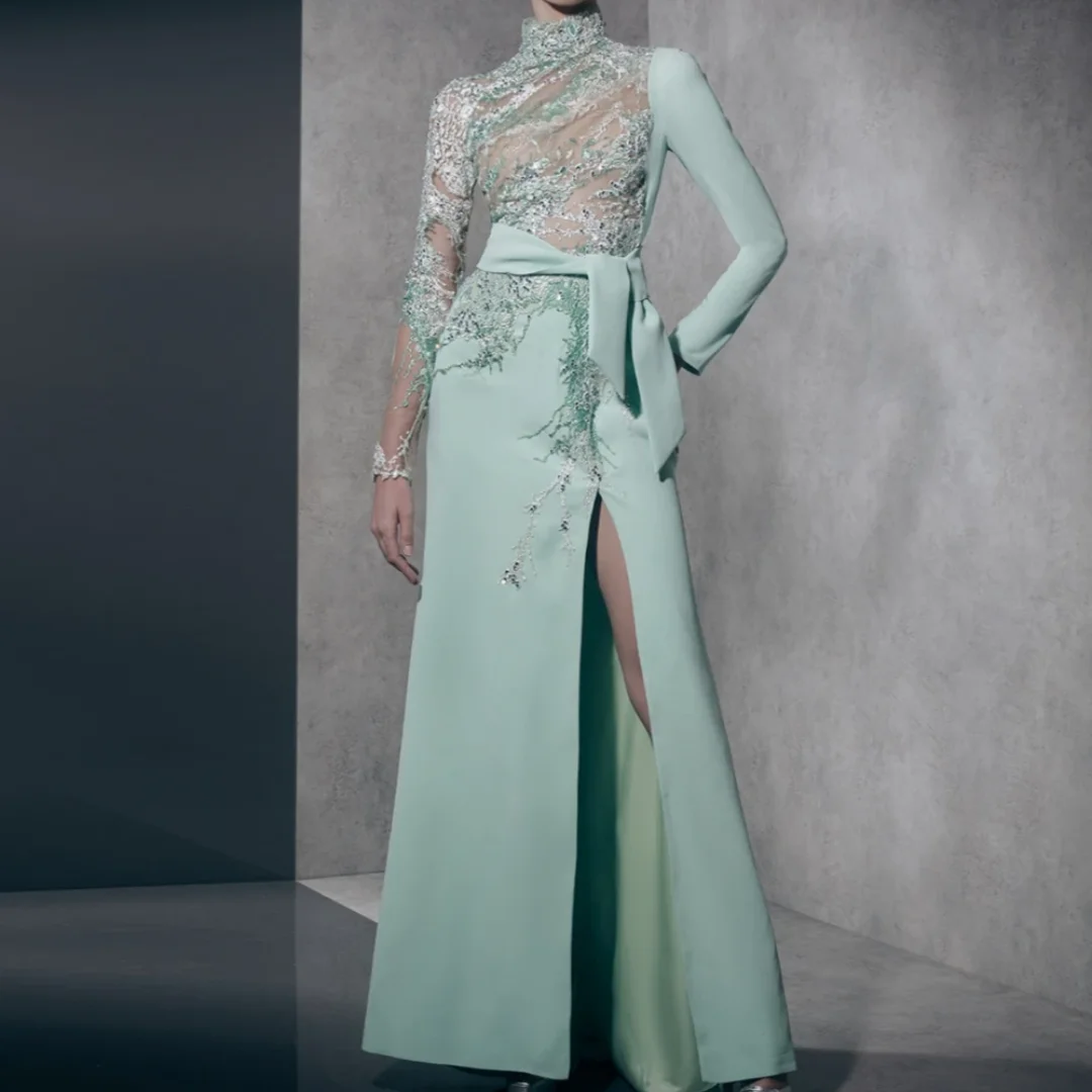 يزين مذهل الرقبة العالية ثوب كوكتيل أنيق طويل الأكمام الوهم عيد ميلاد مثير الدانتيل الجانب الشق مساء اللباس مخصص