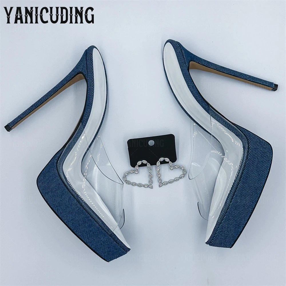Denim Clear PVC Platform Mules Sexy Pointed Peep Toe Slippers Fashionable Designer Style Handmade Women Summer Stiletto Slippers