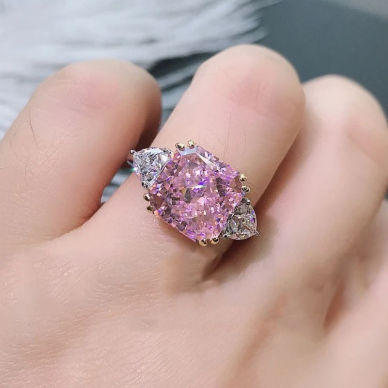 New 925 Sterling Silver Princess Square Powder Tourmaline Flash Diamond Color Separation Ring Female