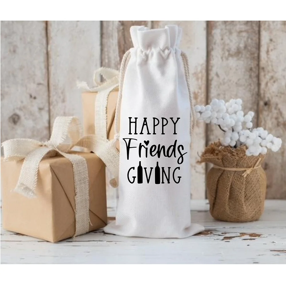 

Friendsgiving Host Gift Thanksgiving Wine Bag Wrap Turkey Day Party Table Decor Drawstring Wine Bottle Bag Happy Holiday Gift