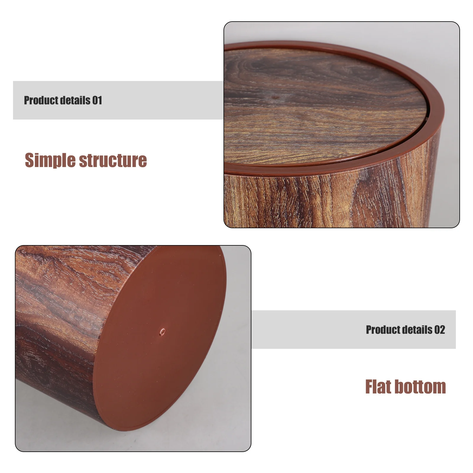 Compact Size Imitation Wood Trash Can Rotating Lid Bathroom Waste Bin Home Office Hotel Kitchen Garbage Can Bedroom Bin with Lid - Image 4