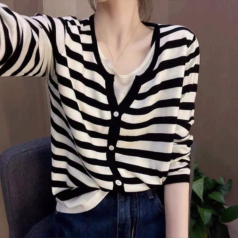 

Полосатый длинный открытый кардиган све Camere, повседневный свободный вязаный кардиган для поездок на работу, круглая трикотажная основа Ne, осень-зима