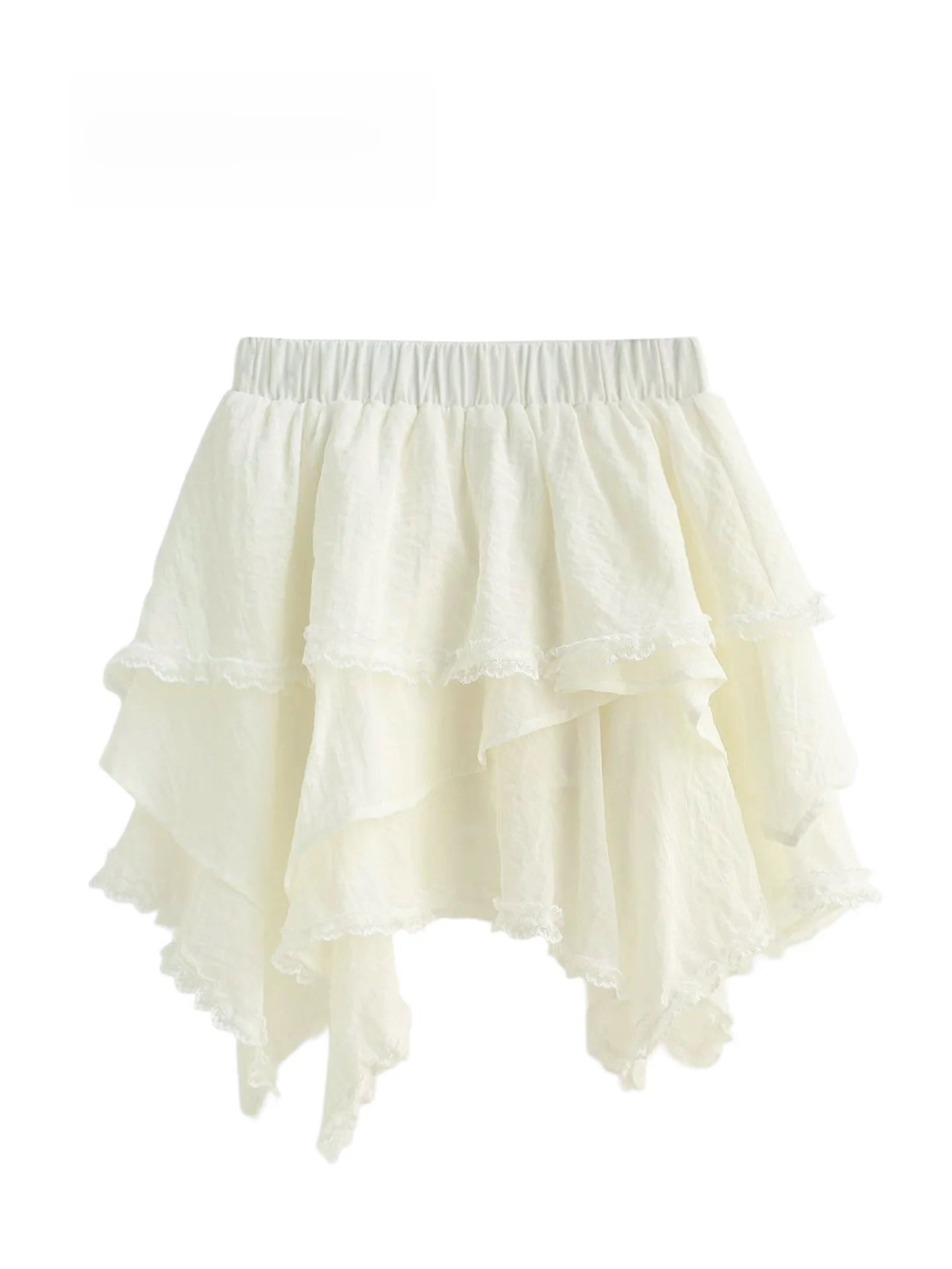 

Sweet High-waist Asymmetrical Lace Trim Skirt Commute Korean Style Pleated Polyester Fiber A-line Silhouette Skirt