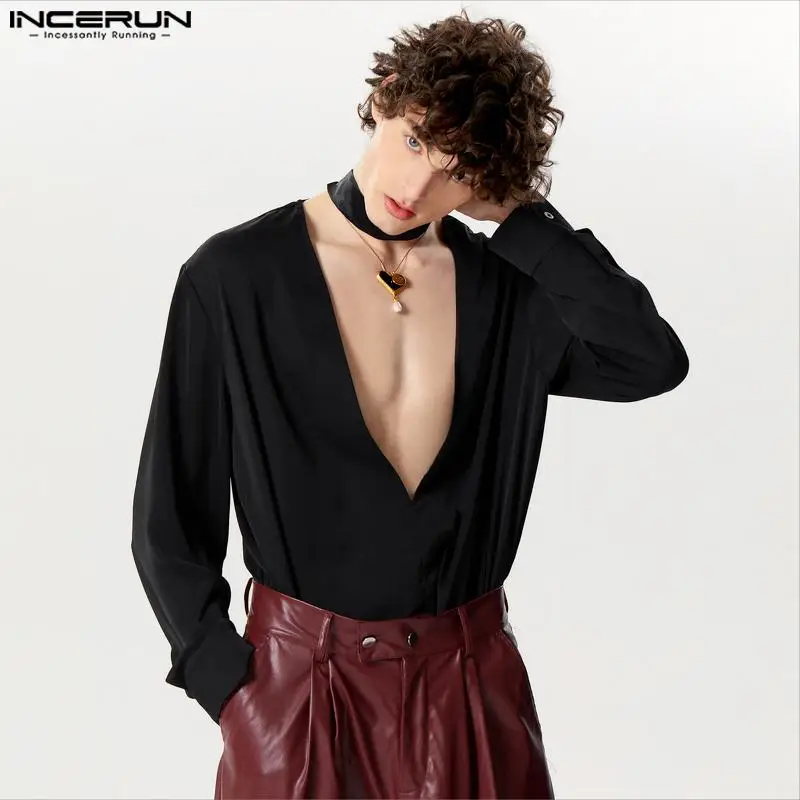 

INCERUN 2024 Men's Shirt Long Sleeve Tops Deep V Neck Fashion Shirts Men Clothing Streetwear Solid Color Casual Party Camisas