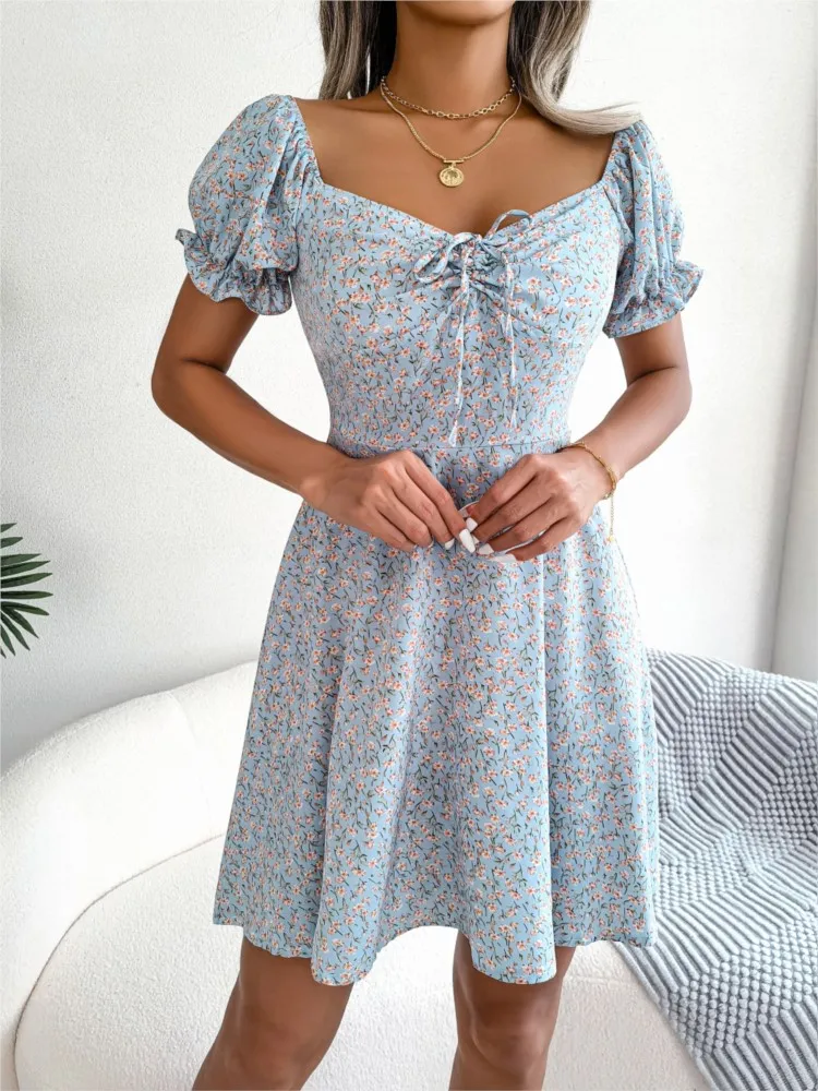 

Boho Sexy Square Collar Lace-up Chiffon Dress Women 2024 Summer Fashion Puff Sleeve High Waist A-line Mini Dresses Vacation Robe