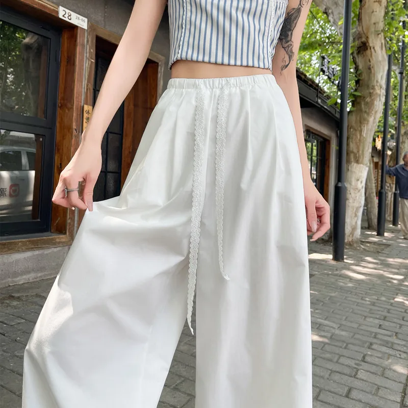 ฤดูร้อนสบายๆหลวมผ้าฝ้าย Hollow OUT กางเกงขากว้างผู้หญิง Harajuk เกาหลีแฟชั่นลูกไม้ Drawstring ข้อเท้าความยาวกางเกง