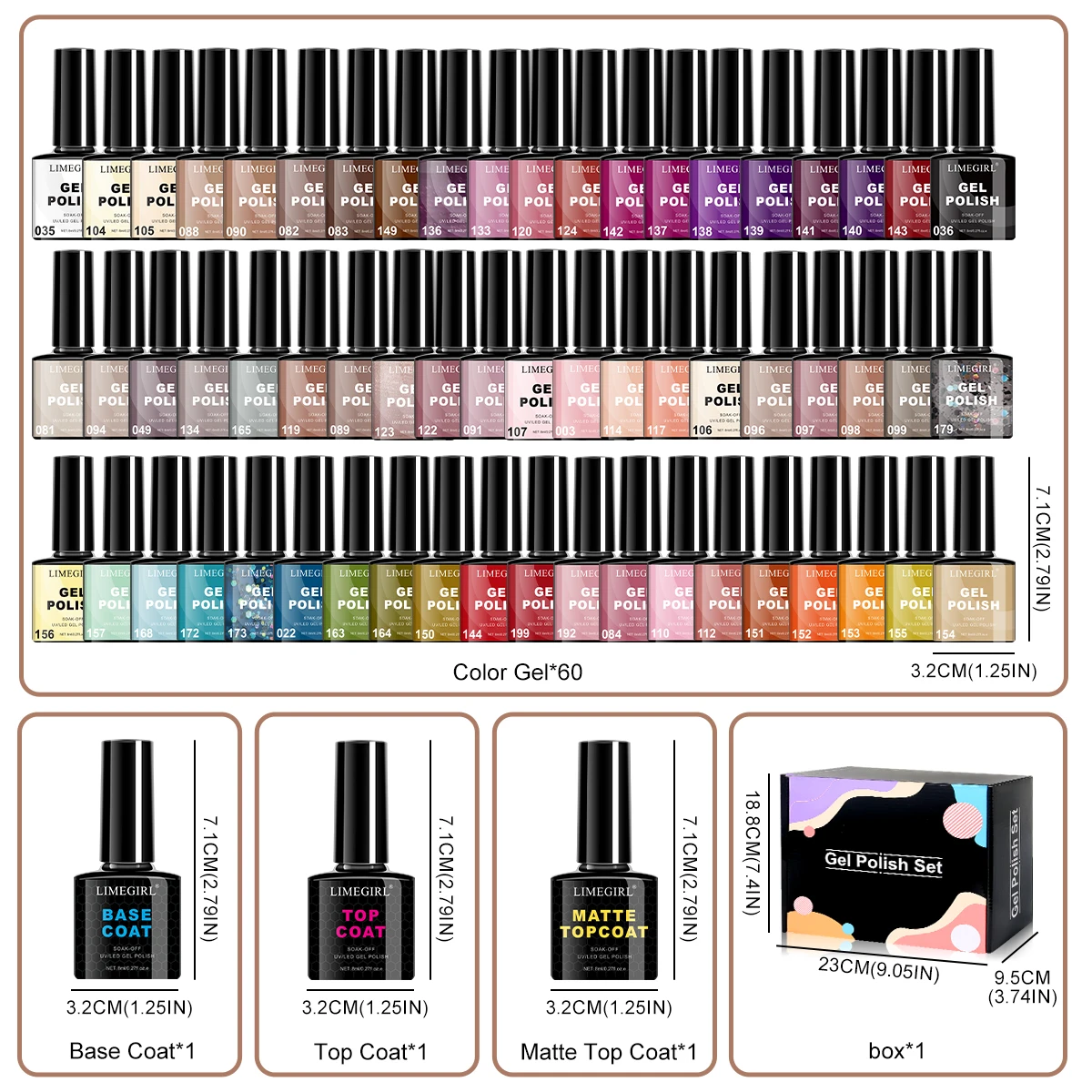 LIMEGIRL 63個入りジェルネイルポリッシュセット 8ml UV/LEDセミパーマネントソークオフジェル バーニッシュ ベースコート＆トップコート ネイルアートジェルキット