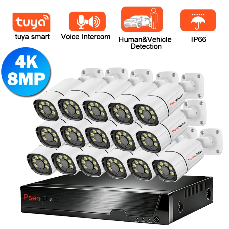 Tuya NVR POE Kit H.265 16CH 4K CCTV Security Camera System 8MP HD Outdoor Waterproof Color Night IP Camera Video Surveillance