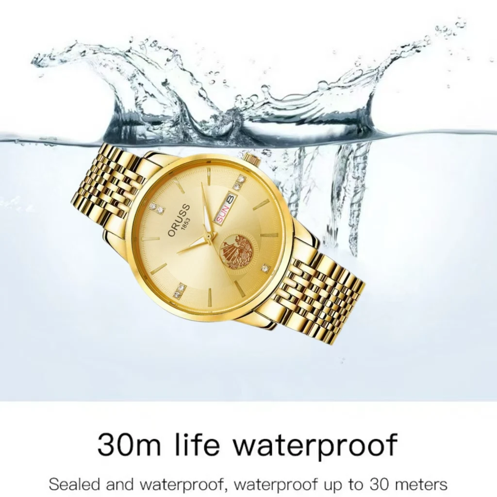 ORUSS оригинальные мужские часы из нержавеющей стали с двойным календарем, водонепроницаемые светящиеся роскошные золотые часы, модные кварцевые мужские наручные часы, новый бренд