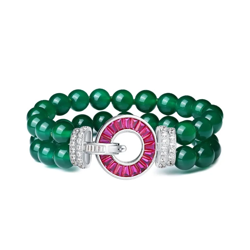 

925 Sterling Silver 8mm Round Cut Green Agate Luxury Beaded Bracelet for Women Party Daily Gold Plated Vintage Hutton Design