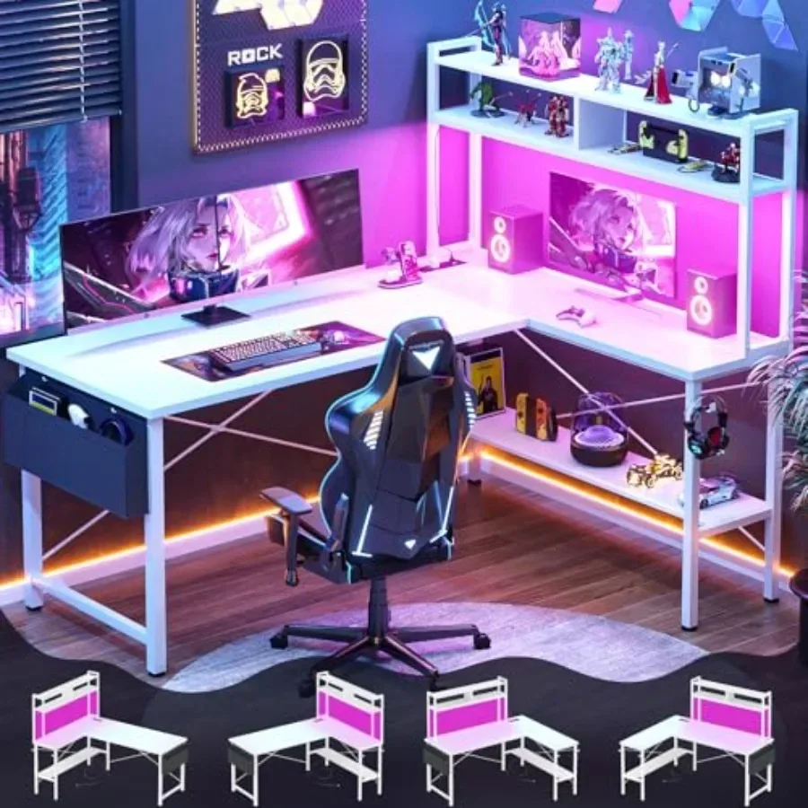 Gaming desk for home office use, made of engineered wood in black color with built-in LED light and integrated power outlet