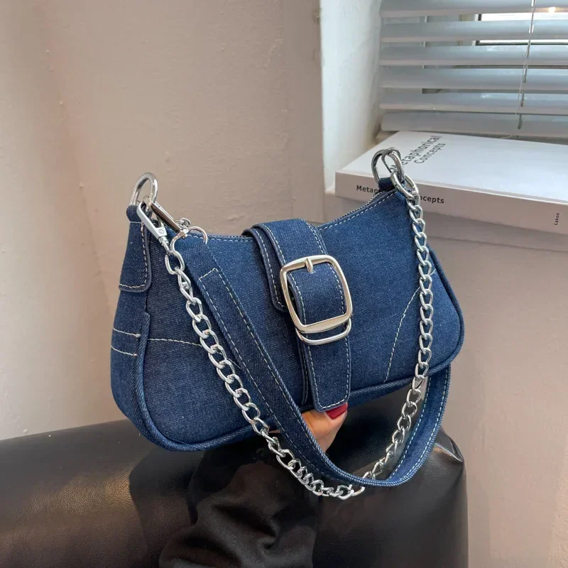 LW030 tas selempang Denim wanita, kantung bahu rantai Jeans trendi kualitas tinggi untuk perempuan