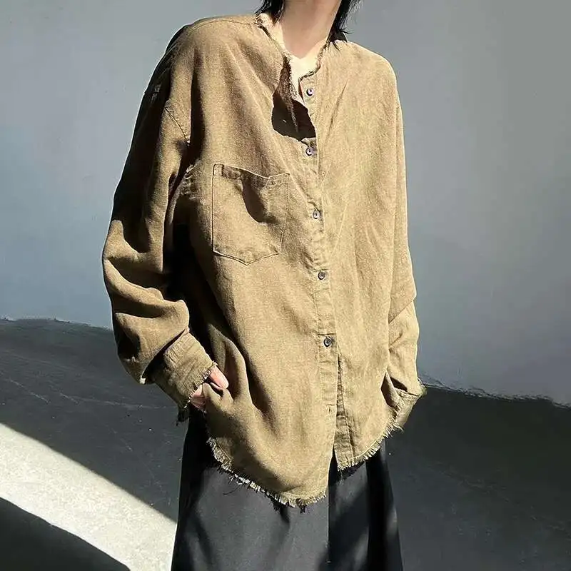 Men's Shirt New Round Collar Raw Edge Solid Color Pocket Sun-protective Long Sleeved Single Breasted Loose Male Top LZ8Y