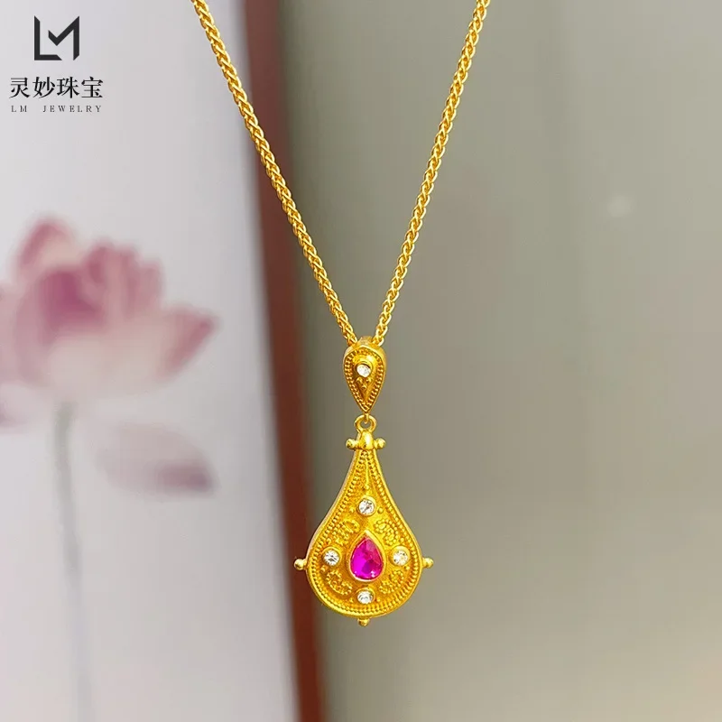 

Luxury 9999 24K real gold dot diamond Ruyi pipa pendant necklace filament water drop clavicle chain retro gift for girlfriend