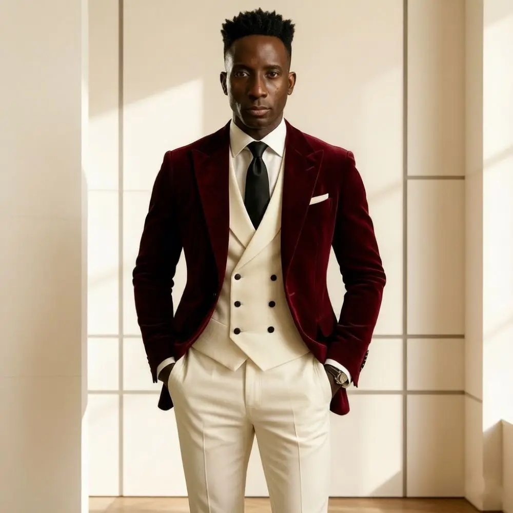 Velvet Men Suits 3 Pieces Mix Match Peak Lapel Tuxedo Cream Vest Pants Formal Wedding Banquet Rehearsal Dinner Custom Made