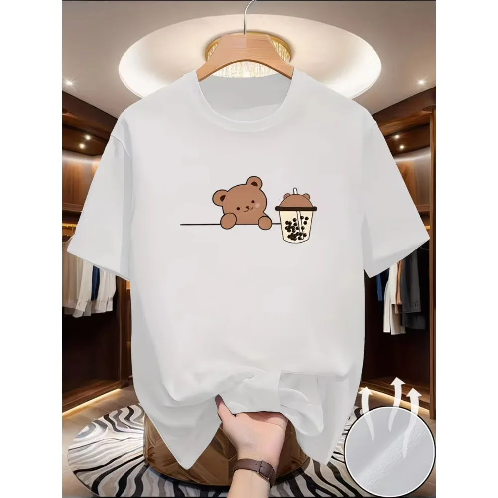 Funny Cartoon Bear Milk Tea Print T-Shirt Men Women Short Sleeve Graphic Tee Summer Loose Fit Top Female Casual Fashion Clothing